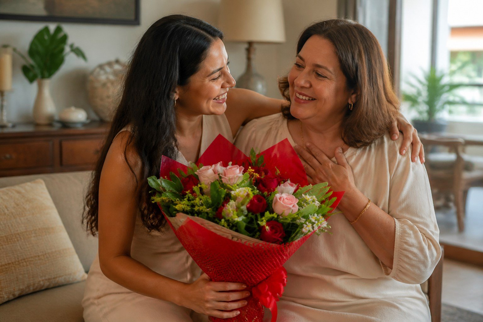 Filha abraçando a mãe depois de presenteá-la com um buquê de rosas