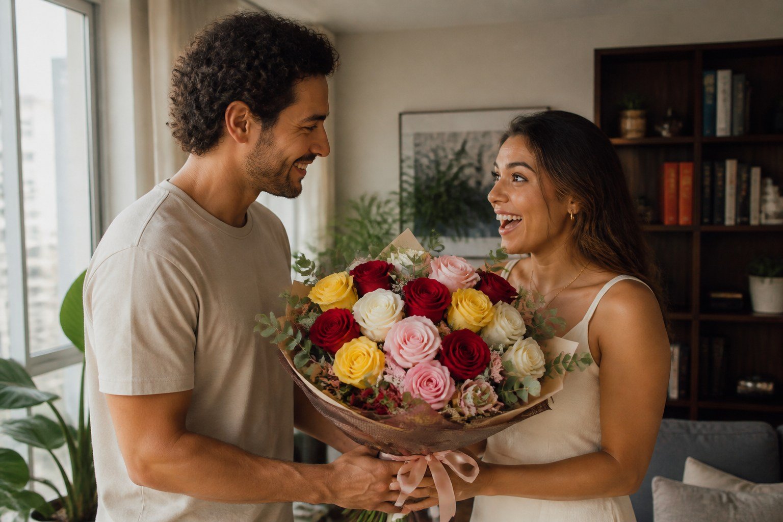 Homem presenteando a companheira com rosas vermelhas, rosadas, brancas e amarelas