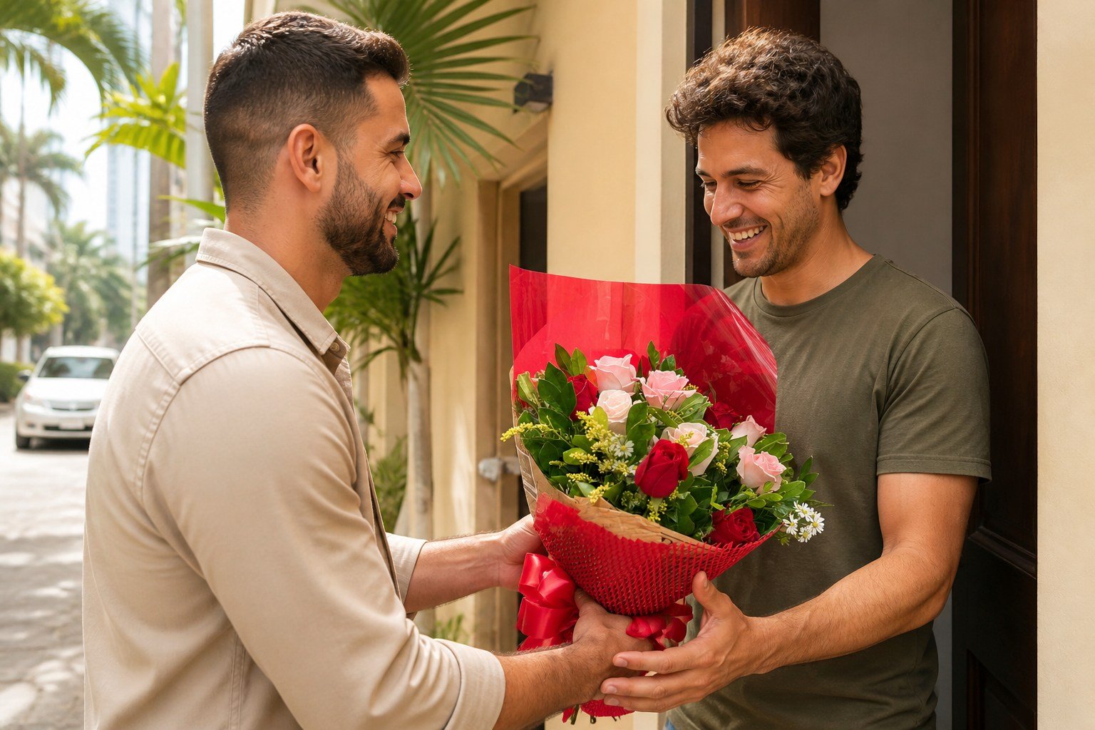 Homem recebendo um buquê de rosas durante uma entrega em Recife